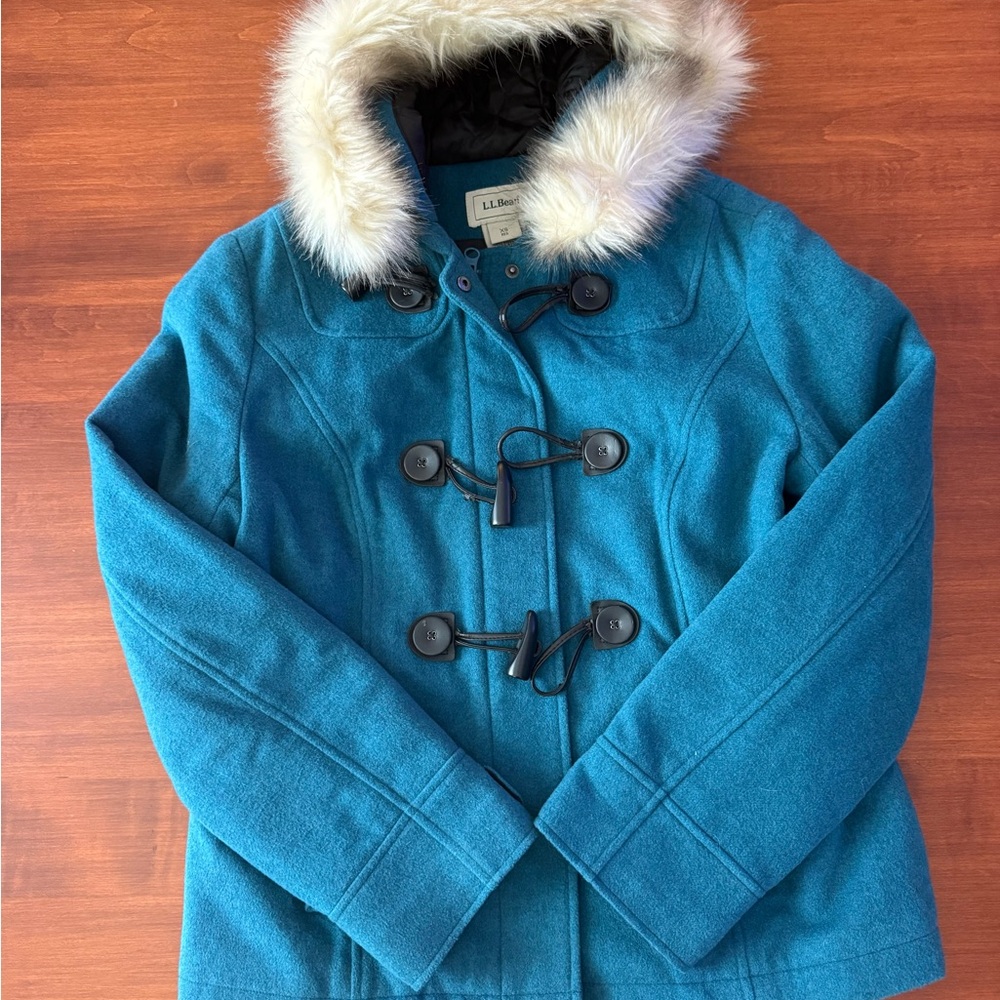 L.L. Bean Women's Teal Toggle Coat with Faux Fur Hood
